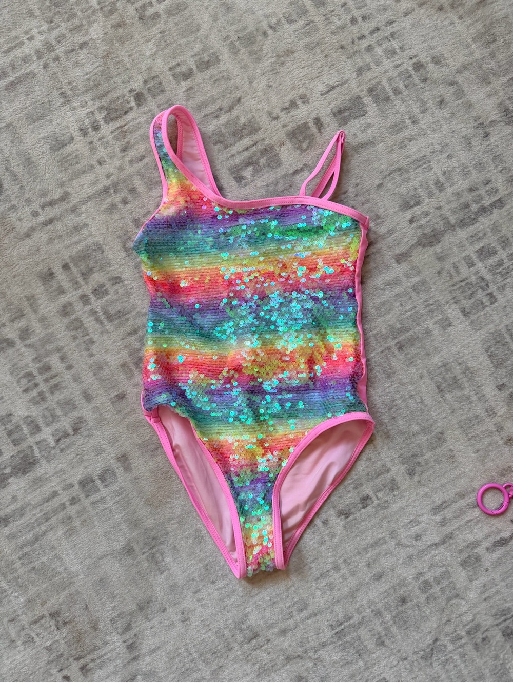 Lola + The Boys Rainbow Sequin One-Piece Swimsuit with Pink Trim